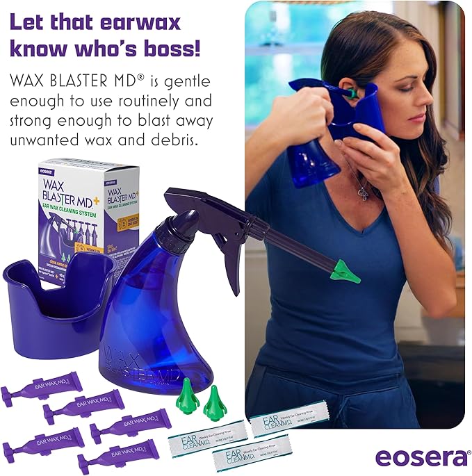 eosera® WAX BLASTER MD+ Cleaning Kit - Earwax Dissolver for Adults & Kids - Fast Acting, Doctor Recommended, Clinically Proven - Complete Irrigation Kit with 3 Ear Clean MD Packets & 5-ct Single Use Ear Wax MD Vials - Works in 15 Minutes
