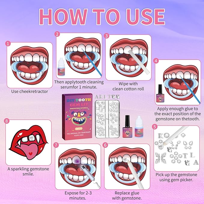 Zgxhga Tooth Gems Kit with Shiny Crystals for Teeth, DIY Teeth Gems Kit Fashionable Decoration Starter Set