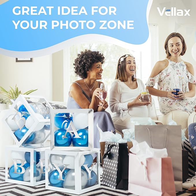 Baby Shower Boxes with Letters – Silver Boxes with Silver & Blue Balloons – 44-Piece Gender Reveal & Party Decoration Set by Vellax