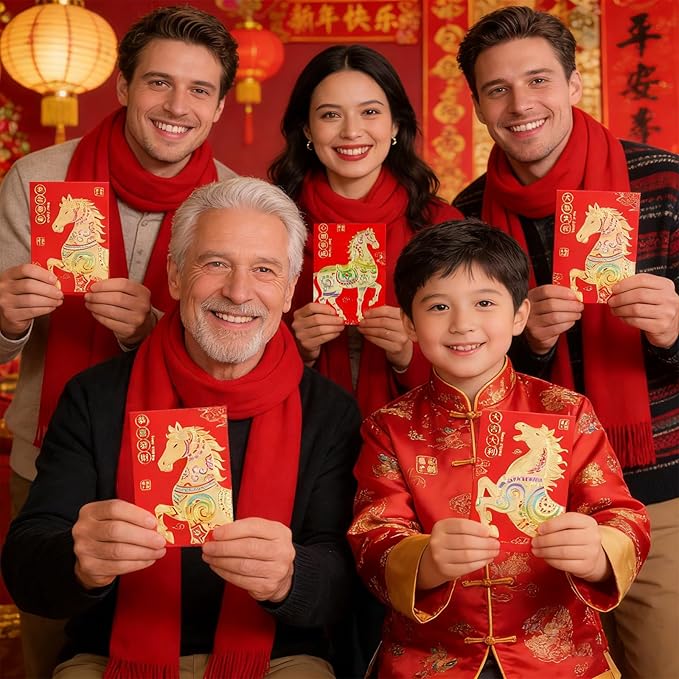 Red Envelopes Chinese New Year Of The Horse 2026, Lucky Money Envelopes For Lunar New Year, 红包, Li Xi Hongbao With 6 Gold Embossed Patterns Colorful 72Pcs Medium