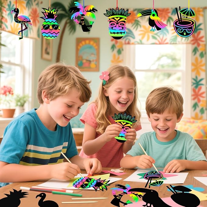 JULMELON 36 PCS Luau Crafts for Kids, Rainbow Scratch Art for Kids Luau Party Favors DIY Magic Color Tropical Hawaiian Scratch Cards for Summer Hawaiian Party Favors School Activities Luau Games