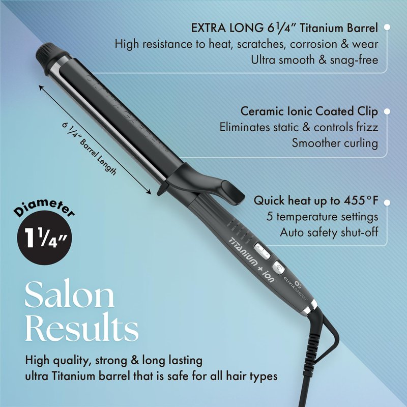 Olivia Garden Titanium + Ion Professional Curling Iron for All Hair Types - Includes Heat Resistant Heat Mat/Pouch and 1 Detangling Brush - 5 Heat Settings - 1.25” Long Barrel Diameter