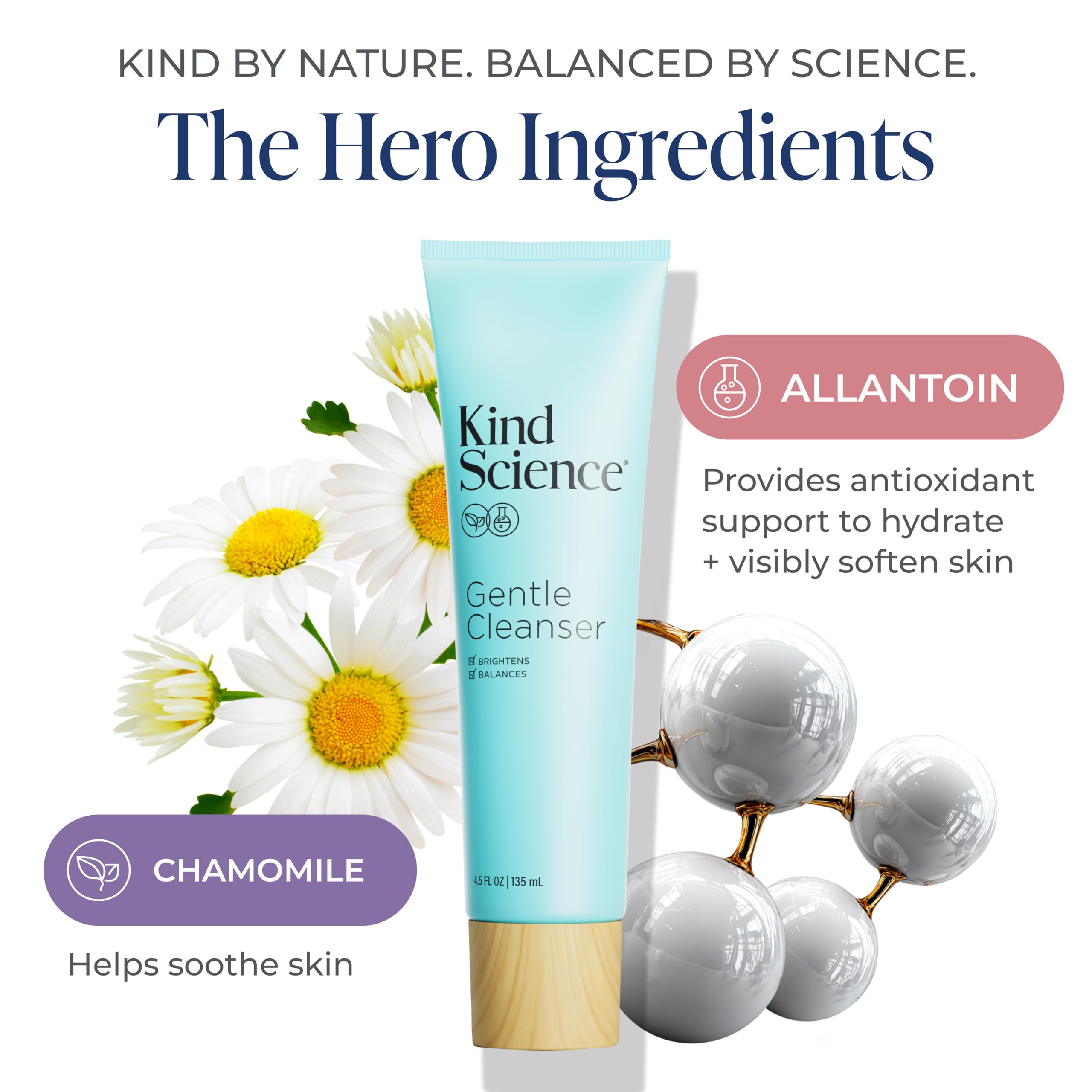 Kind Science Gentle Face Cleanser - Face Wash for Women & Makeup Remover with Vitamin C - Facial Cleanser for Dry Skin - Paraben, Dye & Fragrance Free, Cruelty Free, 4.5 fl oz