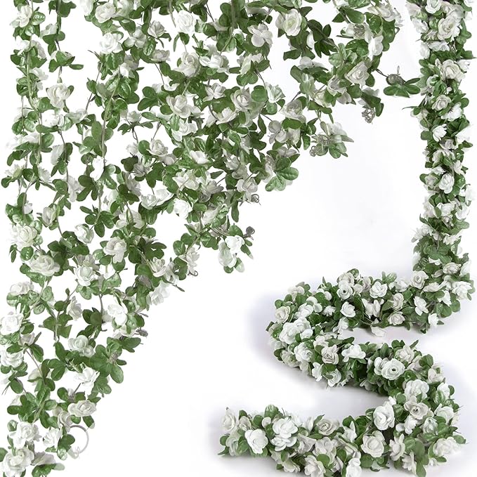 8 Pcs x 8.2 ft Flower Garland Artificial Rose Vine Flowers with Green Leaves Hanging Fake Roses Vine for Room Party Home Wedding Birthday Christmas Wall Arch Decor, Spring White Flower