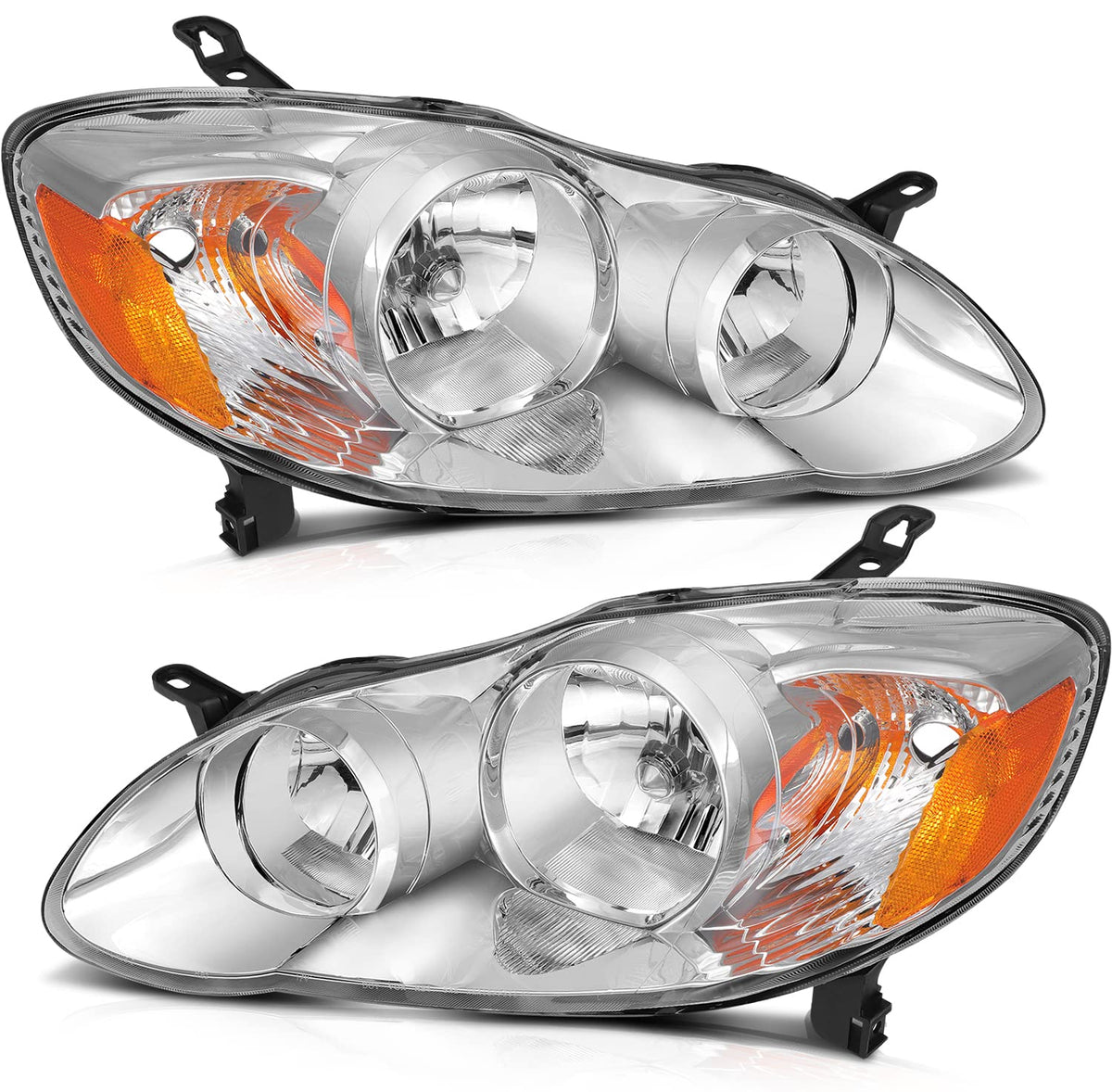 LSAILON Headlight Assembly Replacement Fit For 2003-2008 Toyota Corolla Chrome Housing Amber Reflector Driver and Passenger Side