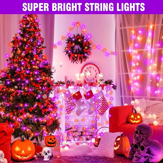 70 ft Purple-Orange LED String Lights – 210 LEDs on Transparent Wire, Waterproof & Connectable Holiday Décor – Spooky Halloween & Warm Christmas Ambiance