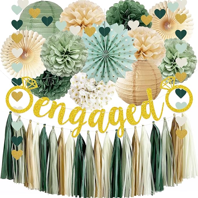 Engagement Party Decorations Sage Green Just Engaged Decorations Glitter Engaged Banner Tissue Pom Poms Paper Lanterns Tassel Garland for Married Decoration Wedding Bachelorette Party Decor