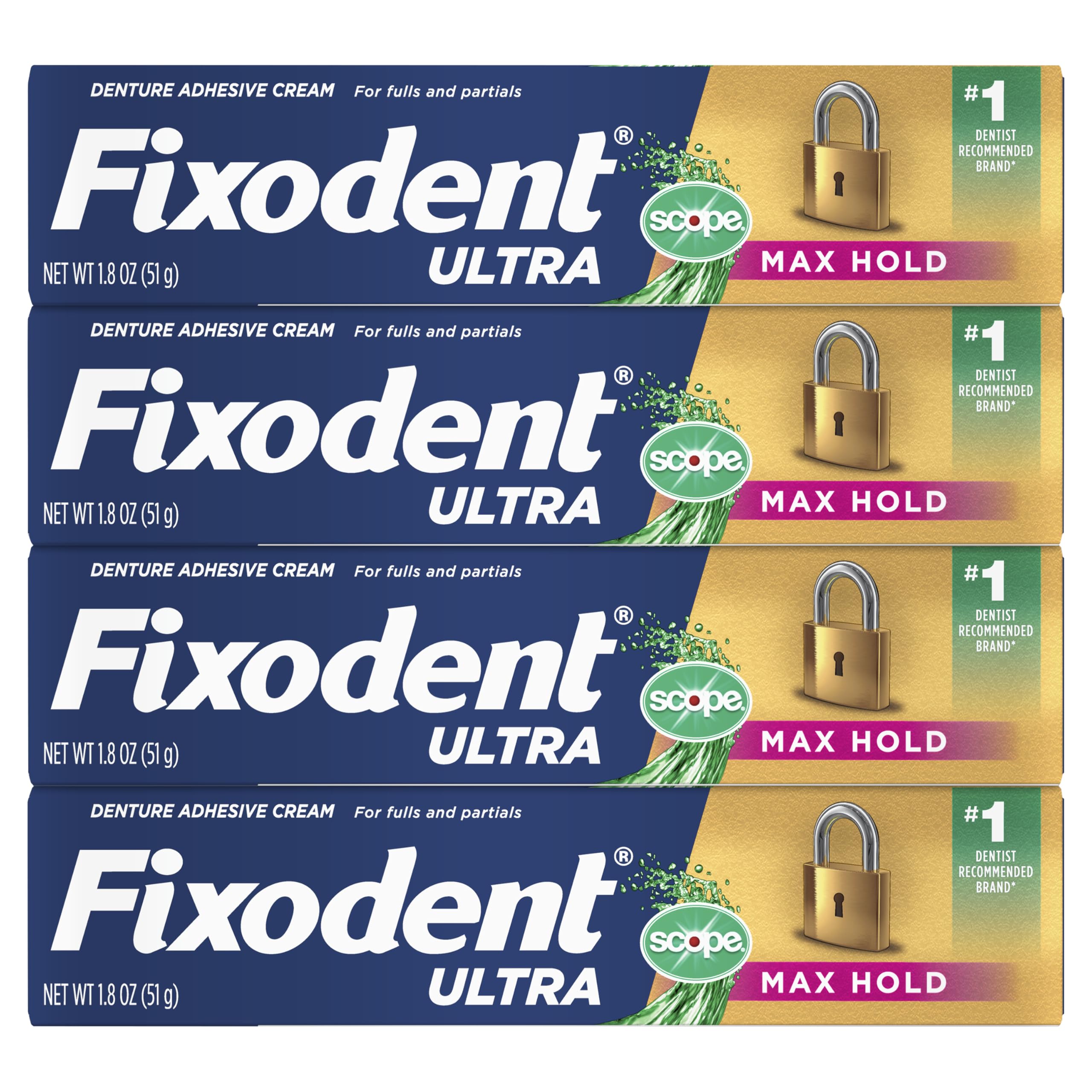 Ultra Max Hold Plus Scope Secure Denture Adhesive for Full and Partial Denture Wearers, Blue, 1.8oz 4 Pack