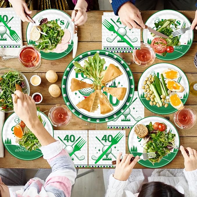 Rakuto Golf 40th Birthday Tableware Decorations for Men, Golf Theme Fourtee Birthday Party Plates Napkins and Forks, Disposable Paper Plates Supplies Decor Serves 24