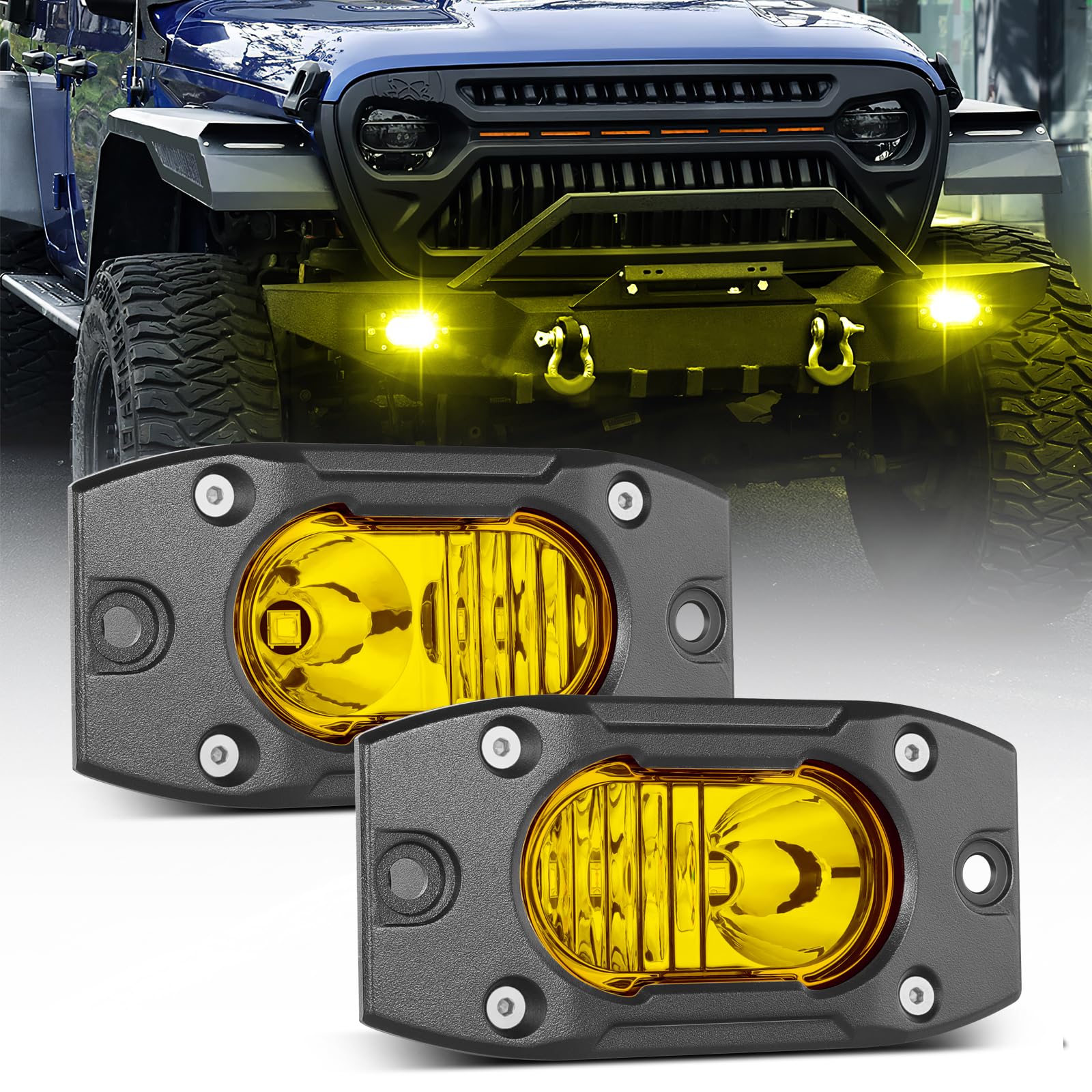 LTEODCHEW Yellow LED Pods Flush Mount Spot Flood Light 2PCS 4 Inch Bumper Driving Fog Lights Reverse Backup Work Lights Flush Of