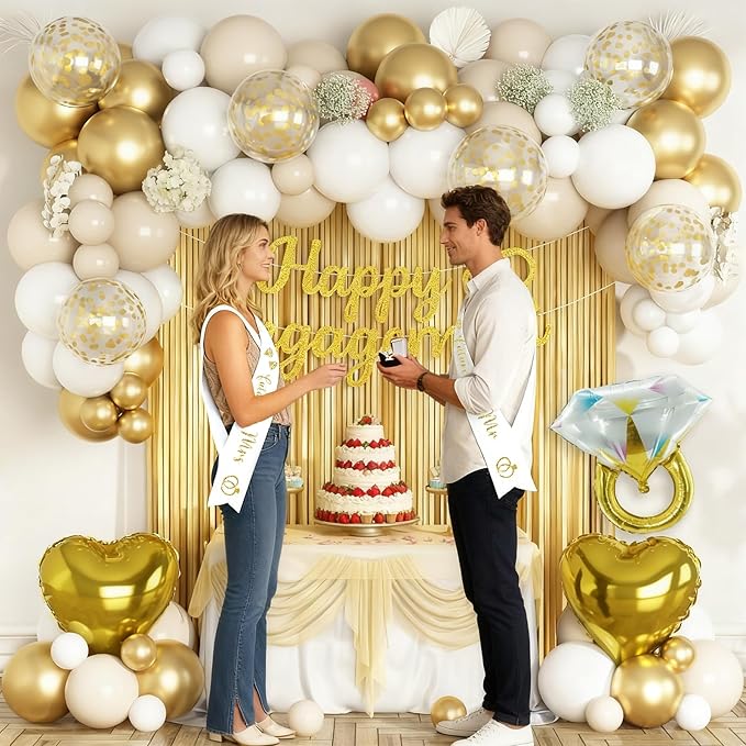 Gold Engagement Party Decorations, Just Engaged Decorations for Wedding Party, Bachelorette & Home Party, with Happy Engagement Banner, Foil Balloons, Sash, Fringe Curtain