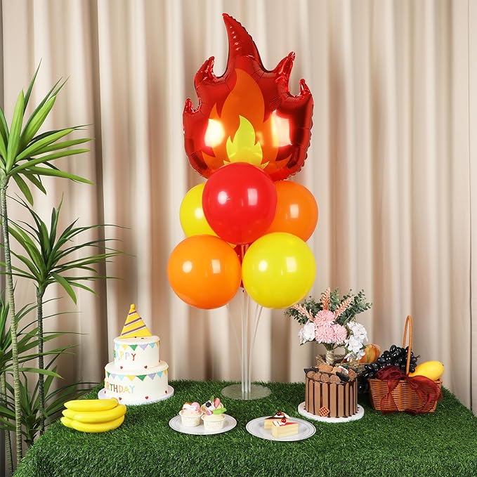 4 Sets Fire Party Balloons Stand Kit with Flame Fire Truck Foil Balloons Orange Yellow Red Party Balloon Centerpiece for Tables for Fireman Firefighter Rescue Themed Birthday Decorations