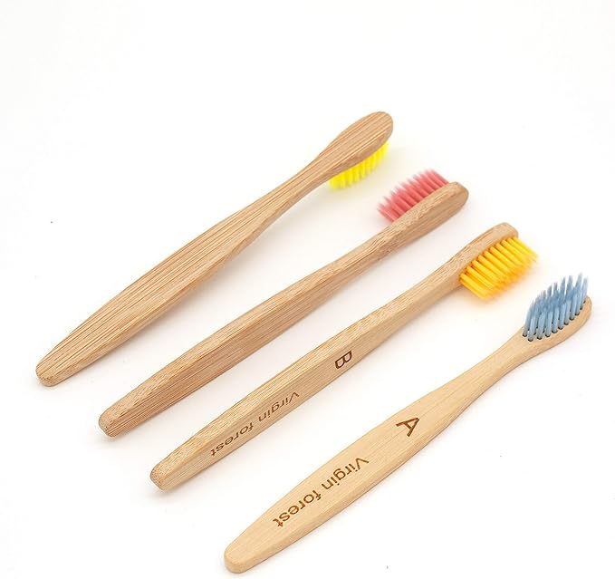 Virgin Forest Kids Bamboo Toothbrushes, Biodegradable Handle, BPA-Free Soft Bristles, Children Size Set of 4 (4 Colors)