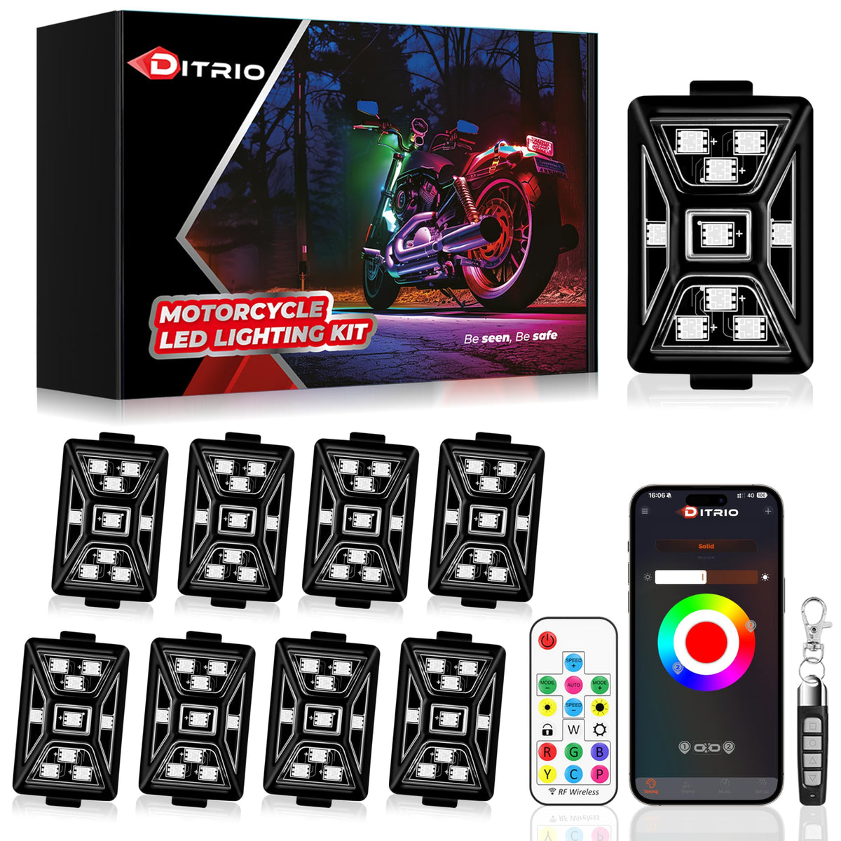 8PCS 5 Sides Full Angle RGB Motorcycle LED Underglow Kit with APP and 2 Remote Control,Brake Light Bright Waterproof Music Mode