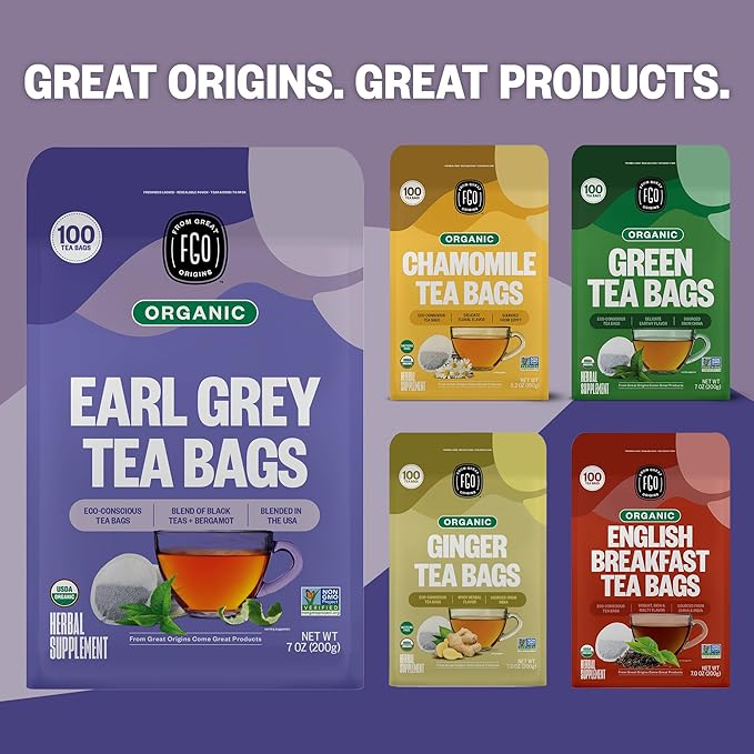 FGO Organic Earl Grey Black Tea, 100 Count, Eco-Conscious Tea Bags, Resealable Bag, Packaging May Vary (Pack of 1)