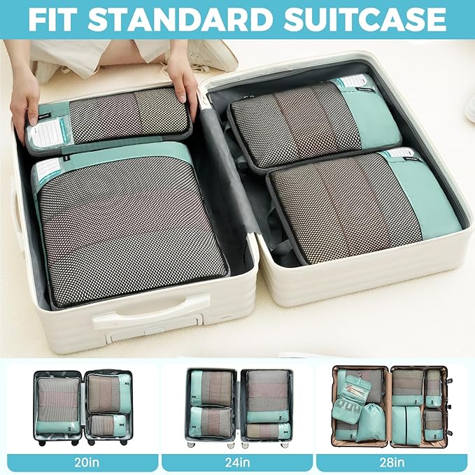 BAGAIL 4 Set/6 Set/8 Set Compression Packing Cubes Travel Accessories Expandable Packing Organizers(HalfMesh,8-DustyBlue)
