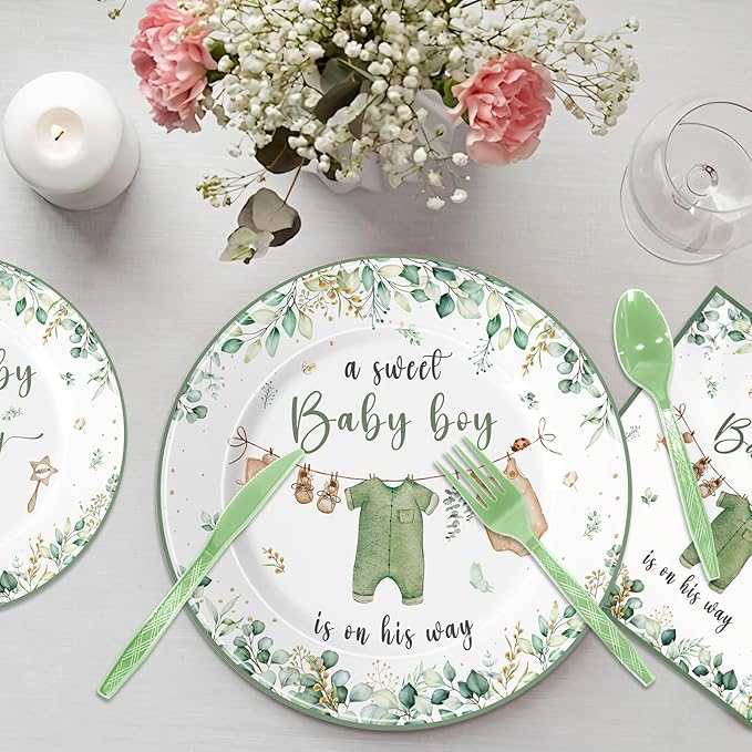 140PCS Greenery Gender Reveal Baby Shower Plates and Napkins Supplies, Boho Greency Party Decorations Tableware Set Dessert Plates Napkins Forks for 20 Guests (Green)