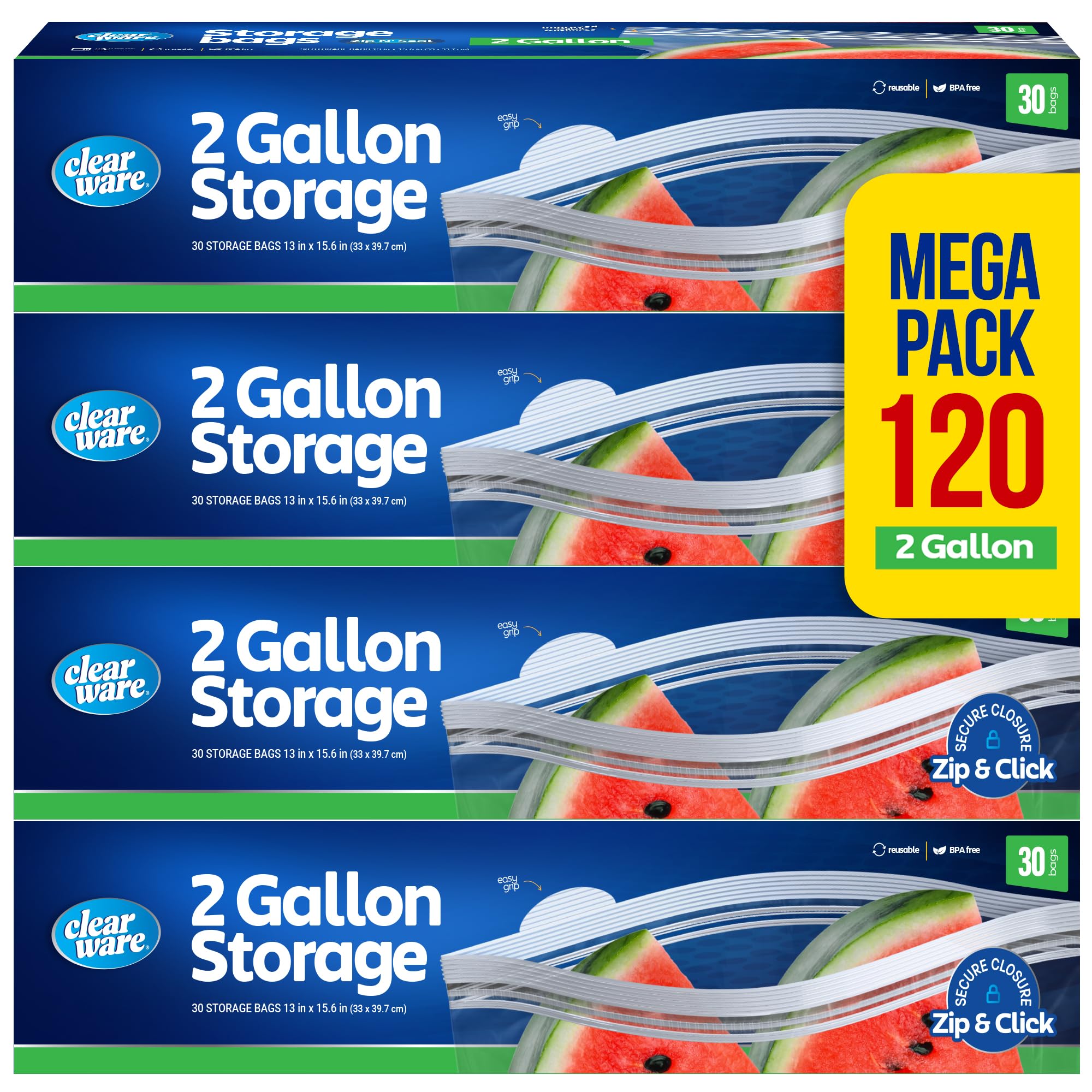 2 Gallon Storage Bags, Double Zipper Seal - 120 Count, (4 Packs of 30) Resealable Thick Plastic Food Storage Bags - Microwave-Safe, BPA Free - Resealable Containers for Lunch, Snacks, Meals