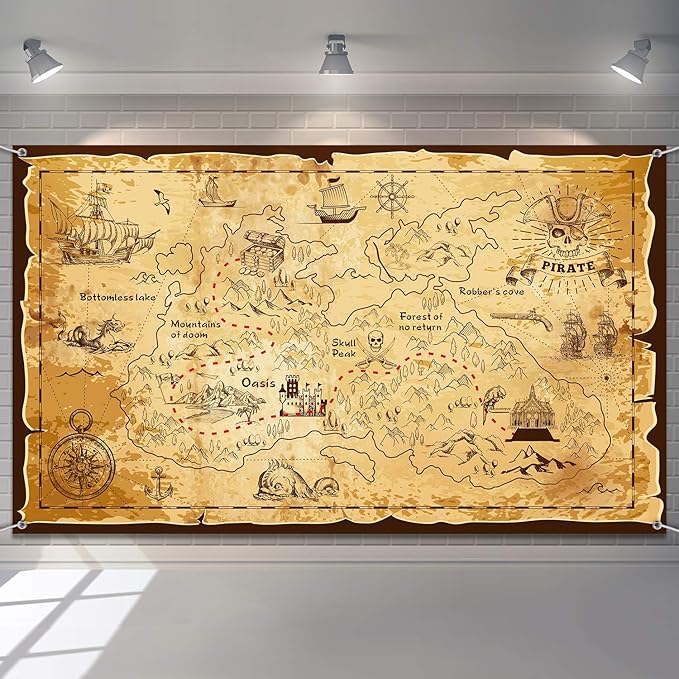 Blulu Pirate Theme Background Jewelry Map Banner Photography Background School Party Carnival Birthday for Great Party Decoration