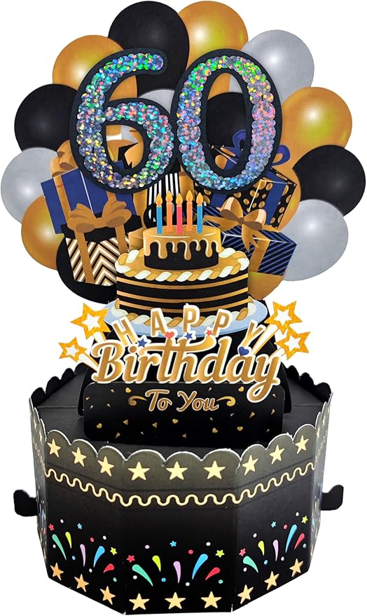 60th Birthday Cards 3D Popup Birthday Greeting Cards - Birthday Greeting Card for Men, Women, Mom,Dad and Grandparents with Blank Note and Envelope Included (Black Gold)