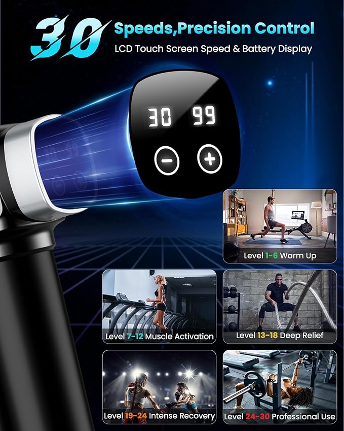 Deep Tissue Massage Gun, Portable Percussion Electric Muscle Massager for Pain Relief, Handheld Massagers with 30 Speeds & 6 Attachments for Back and Neck, Gifts for Men Women