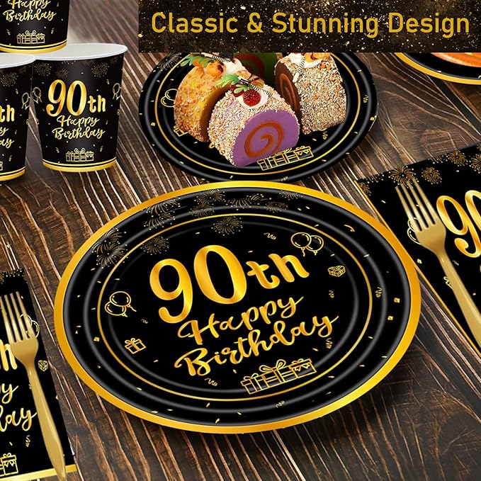 120Pcs 90th Birthday Party Supplies Plates Napkins Cups Forks Tableware Set Gold Black Happy 90th Birthday Themed Disposable Tableware Decoration Serves 24 Guests for Men Women 90 Years Old