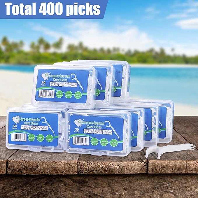 400 Count Dental Floss Picks – Built-in Toothpicks for Deep Cleaning, Comfortable Handle to Remove Plaque & Protect Gums – Family Pack with 50 Picks per Portable Case for Adults & Kids