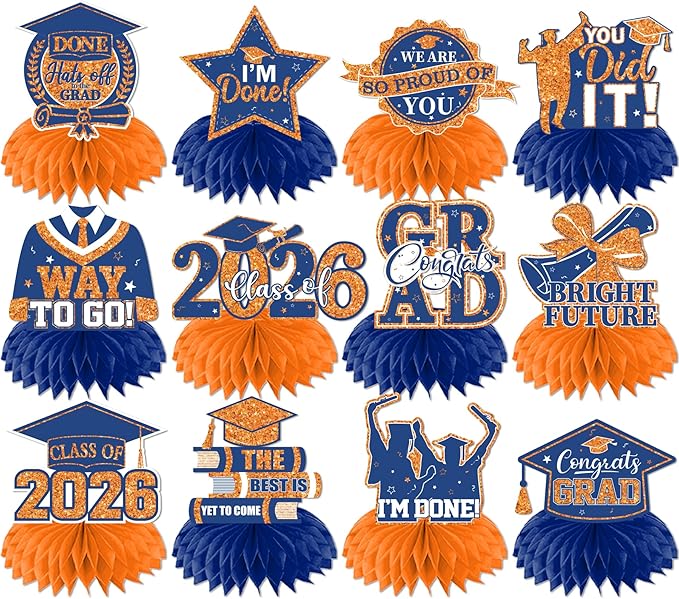 12pcs Graduation Table Decorations,Orange and Blue Graduation Decorations Graduation Centerpieces for Tables Class of 2026 Centerpieces Honeycomb for 2026 Congrats Grad Table Decor (Orange and Blue)