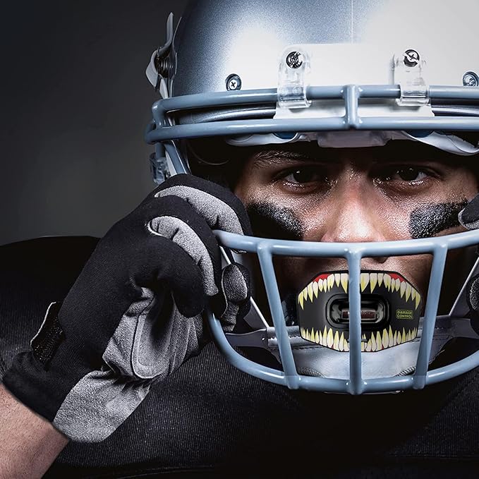 DAMAGE CONTROL Youth Football Mouth Guard – Breathable No Boil Mouthpiece, Protects Lips & Teeth, Works with Braces, Includes Helmet Strap – Sports Gear & Accessories (Symbite)