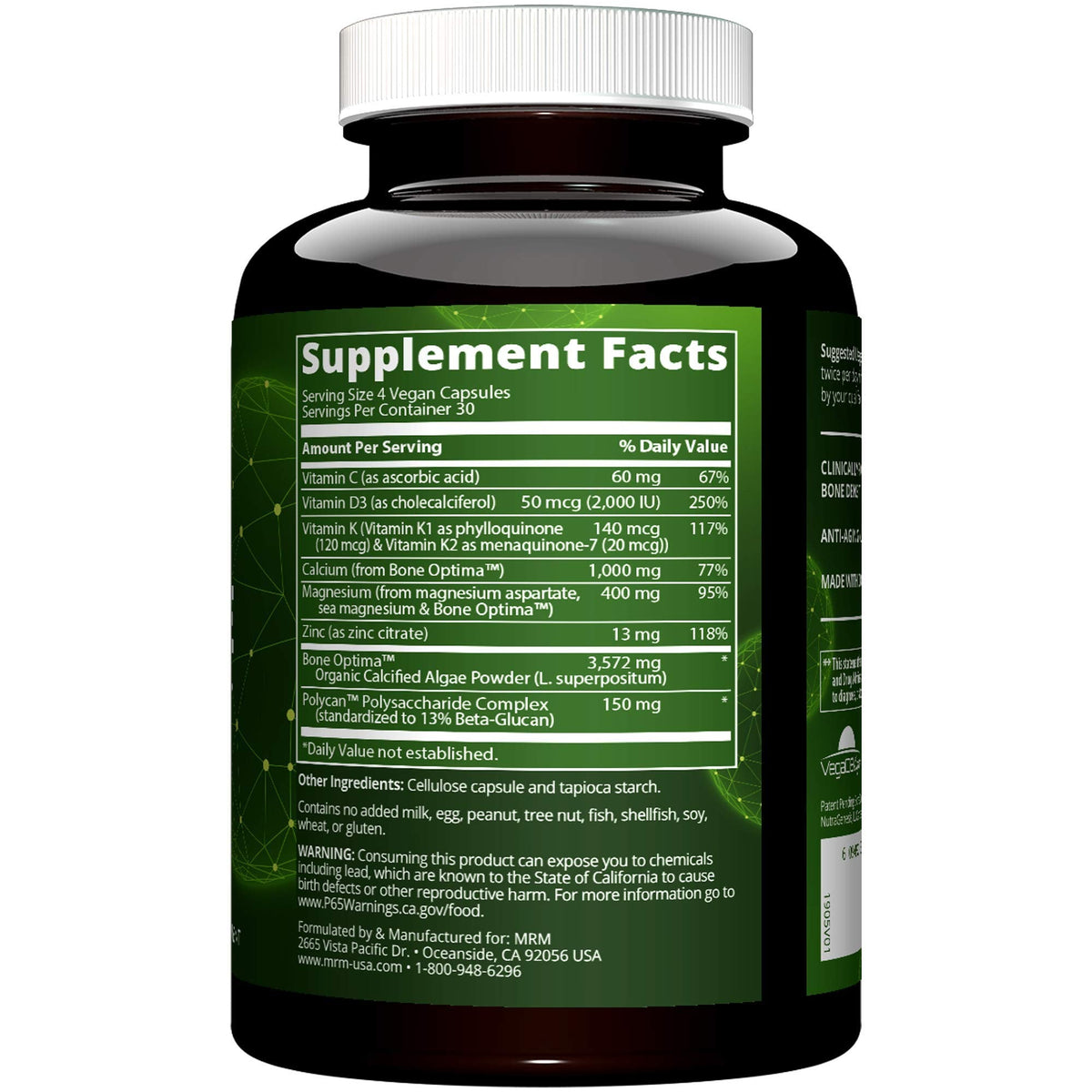 MRM Nutrition Vegan Bone Maximizer- For Women & Men - Calcium & Mineral Complex with Organic Calcified Algae, Vitamin D3, Vitamin K1 & K2, Magnesium, & Zinc for Healthy Bones, Supplement - 30 Servings