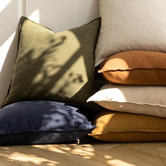Foindtower Pack of 2, Decorative Linen Soild Throw Pillow Covers Soft Accent Cushion Case Boho Farmhouse Pillowcase for Chair Couch Sofa Bedroom Living Room Home Decor 18 x 18 Inch Olive Green