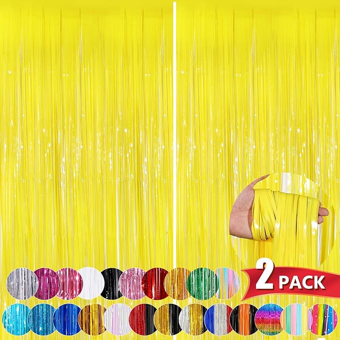 Macaron Yellow Metallic Tinsel Foil Fringe Curtains, 2 Pack 3.3x8.3 Feet Streamer Backdrop for Birthday Party Decorations, Yellow Tinsel Backdrop for Easter Thanksgiving Graduation, Mardi Gras Decor