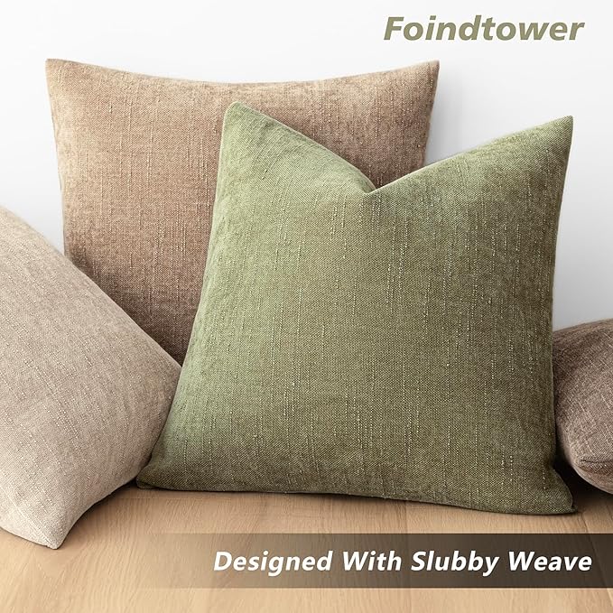 Foindtower Pack of 2 Soft Textured Chenille Throw Decorative Pillow Covers Square Accent Solid Cushion Cover Cozy Neutral Farmhouse Pillow Case for Couch Sofa Bedroom Living Room 18x18 Inch,Sage Green