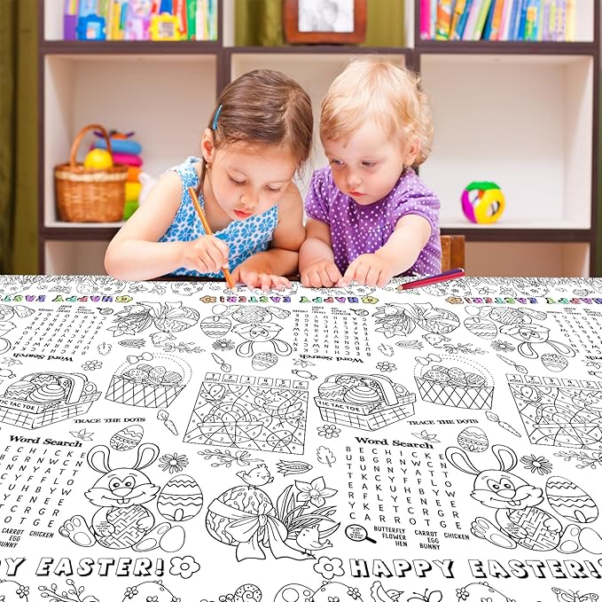 3 Pack Large Happy Easter Coloring Tablecloth - Giant Easter Color-in Paper Poster, Rectangle Cute Bunny Activity Coloring Table Cloth for Spring Easters Party Craft Decorations Favors, 54 x 108 Inch