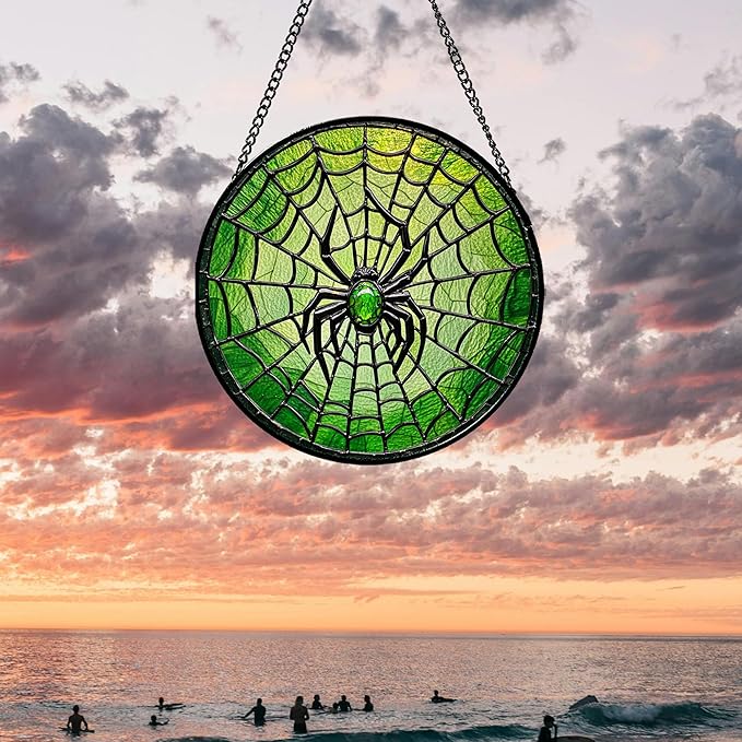 Stained Glass Window Hanging - Black Green Horror Spider Web Suncatcher for Doors Garden Patio Sun Catchers Decor Christmas Halloween Birthday Gifts for Women Men Mom Nana Friend 9.8 in