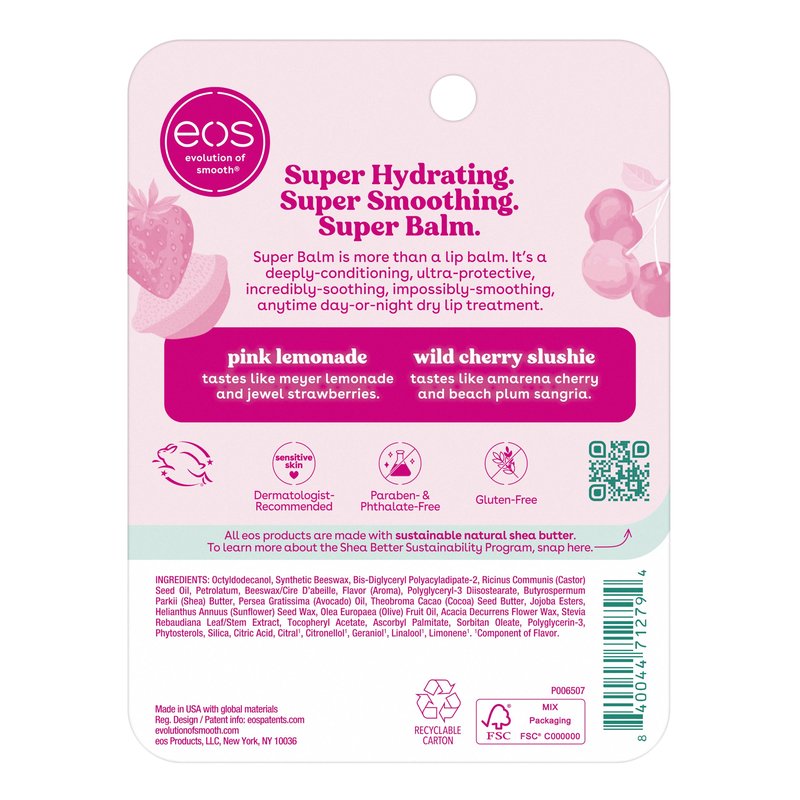 eos 24H Moisture Super Balm - Pink Lemonade & Wild Cherry Slushie, Day or Night Lip Treatment, Made for Sensitive Skin, Lip Balms & Moisturizers, 0.35 fl oz, 2-Pack