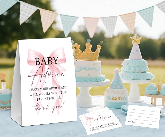 Pink Bow Baby Shower Advice for Parents To Be, Baby Shower Game, Include One 5×7 Sign and 50 Advice Cards, Pink Coquette Bow Gender Reveal Party Decoration Supplies - FH01