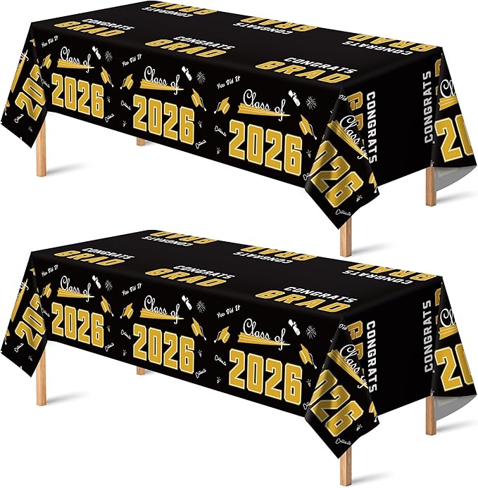 OHOME Graduation Decorations 2026-2026 Graduation Party Decorations - Disposable Plastic Black and Gold Tablecloth for Class of 2026 Decorations Party Favors Banner,54" X 108",2 Pack
