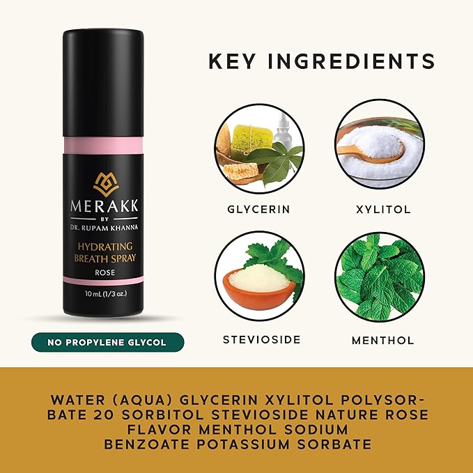 Merakk Hydrating Fresh Breath Spray in Rose - Sugar-Free Breath Freshener Spray & Dry Mouth Spray - Bad Breath Spray with Stevioside, Menthol & Glycerin - Dentist-Designed Oral Spray - 0.3 fl oz