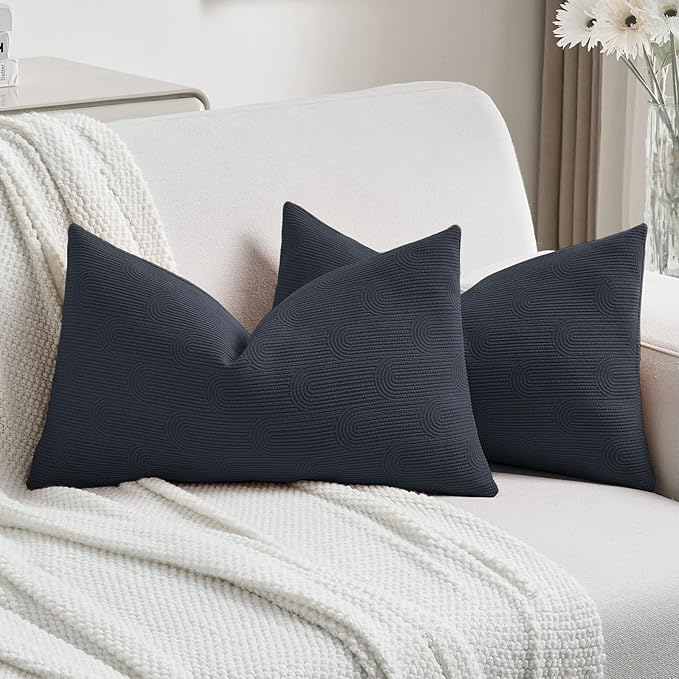 FUTEI Navy Blue Chenille Decorative Throw Pillow Covers 12x20 Inch Set of 2,Soft Cozy Striped Geometric Patterns Lumbar Pillow Cases,Modern Home Decor for Couch Bed Living Room