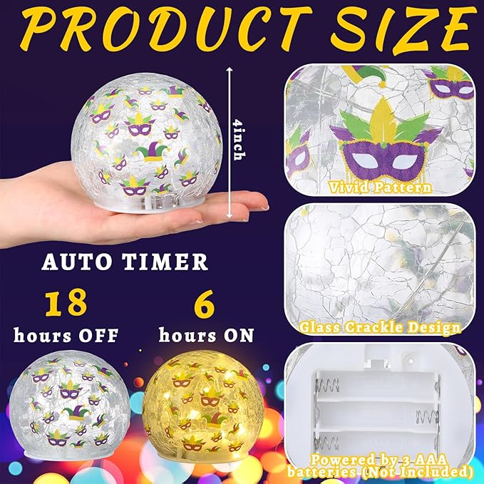 2 Pcs Mardi Gras Crackle Glass Globe Decor 4" Carnival Ball Lamp Night Lights with LED Timer Battery Operated Lighted Decorative for Bedroom Living Room Kitchen Garden Table Centerpiece Gift