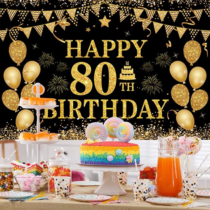 80th Birthday Decorations for Men Women - Happy 80th Birthday Banners Decorations Black Gold 80 Years Birthday Party Favor Backdrop for 80th Birthday Party Sign Decor (71 x 45 inch)