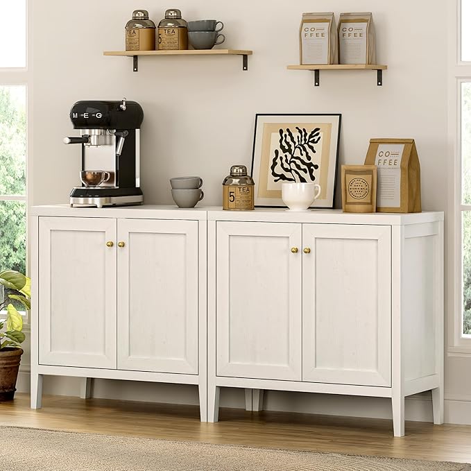 63" Large Buffet Cabinets Set of 2, Farmhouse Sideboard Cabinet with Storage, Accent Credenza Cabinet, Wood Kitchen Cabinets, Coffee Bar Console Table for Living, Dining Room, Antique White