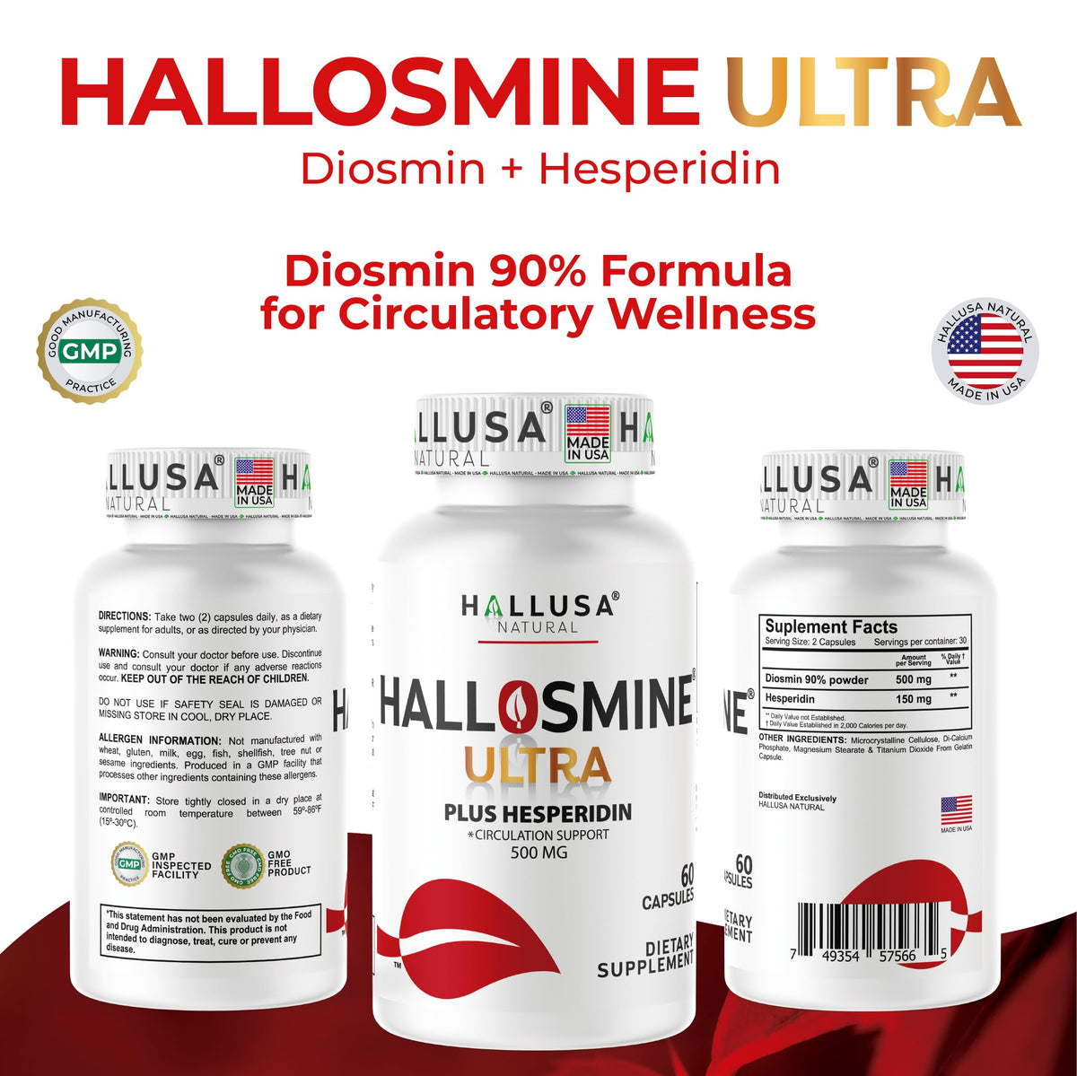 Hallusa Natural Hallosmine Ultra Diosmin 500mg & Hesperidin 150mg – Heavy Legs, Swelling & Vein - Blood Circulation Supplements, 60 Caps