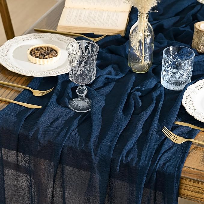 Artoid Mode Boho Cheesecloth Gauze Navy Blue Wedding Table Runner, 120 Inch Seasonal Fabric Kitchen Dining Holiday Table Decor for Home Party Indoor