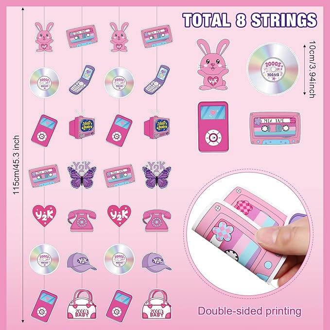 Spakon 8 Packs Y2k Party Decorations Pink Paper Banner Early 2000s Hanging Decor I Love 00's Paper Cutout Retro 2000s Garland for Birthday Female Bachelorette Party Supplies Decoration