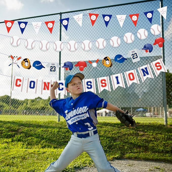 Pre-Strung Baseball Party Decorations with Concessions Banner, Sports Themed Birthday Supplies, Triangle Bunting Pennant Flag