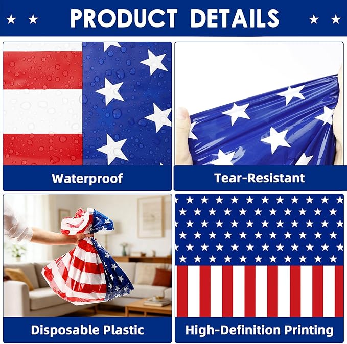 4th of July Tablecloth, Patriotic Plastic Tablecloths 54"x108", Fourth of July Table Decorations Red White and Blue American Table Covers 6 Pack, Patriotic Decorations Memorial Day Party Supplies