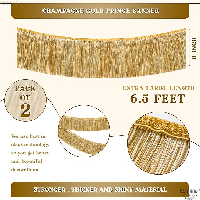 KatchOn, Large Champagne Gold Fringe Garland - 6.5 Feet, Pack of 2 | Foil Fringe Banner for 50th Birthday Decorations | Gold Streamers for Casino, Bachelorette, Graduation Decorations 2026
