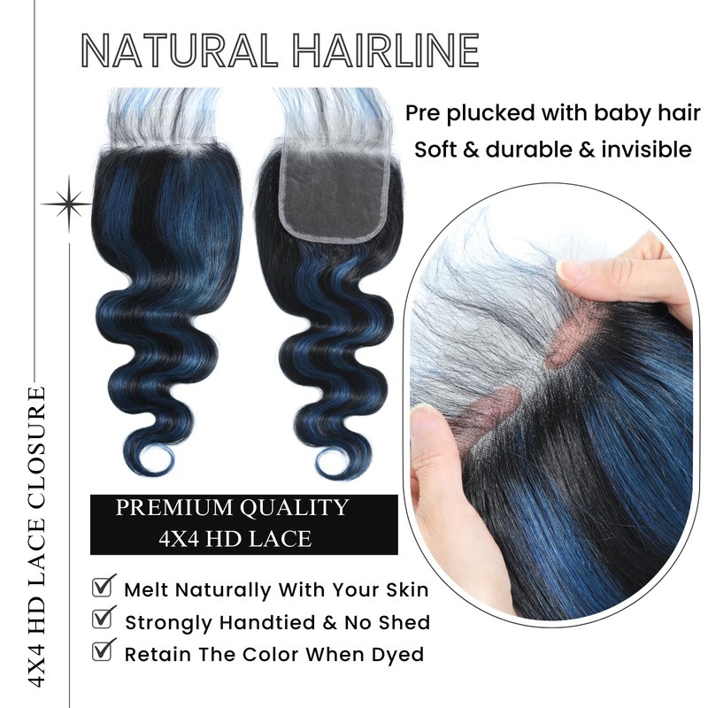 ALHER Black Mix Blue Highlight Body Wave 4x4 Lace Closure, 12A #1B/Blue Colored Closure Free Part Pre Plucked with Baby Hair, 100% Virgin Remy Human Hair for Black Women 150% Density 10 Inch